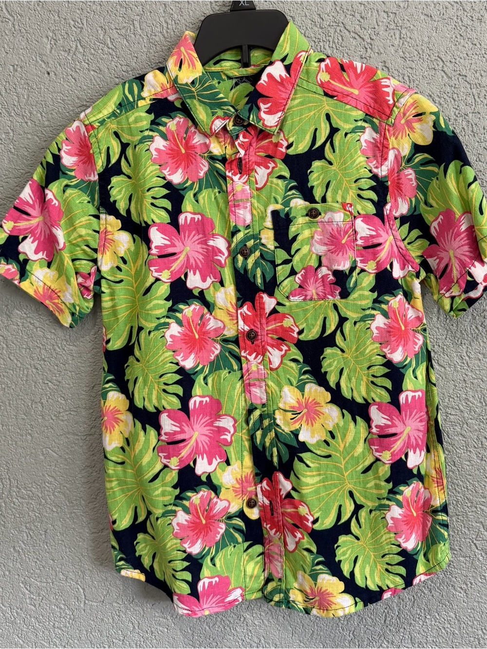 Boys Navy Tropical Hibiscus Button-Down Shirt